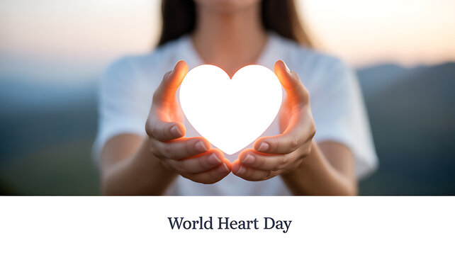 A person holding a glowing heart shape in their hands during sunset, symbolizing World Heart Day.
