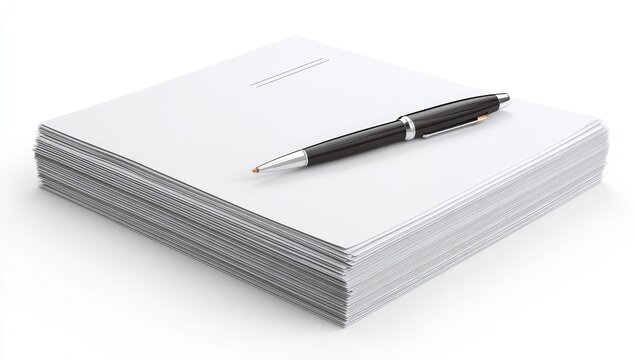 A stack of blank white papers with a black pen resting on top