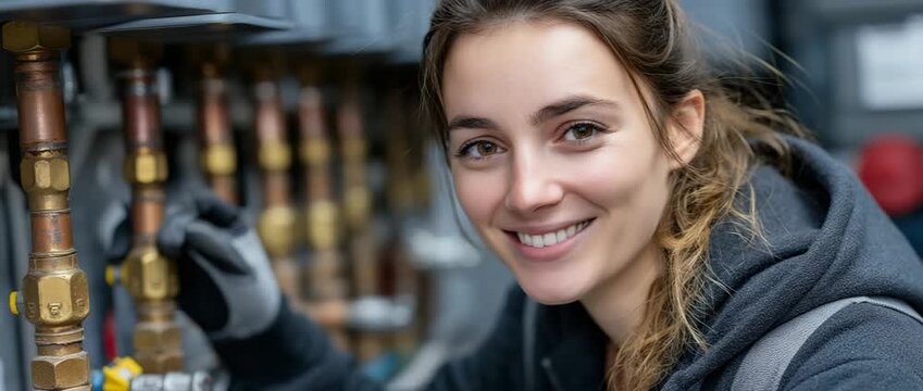 Working on the central heating boiler is a female plumber.