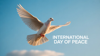 White dove in flight against a clear blue sky with text 'International Day of Peace'