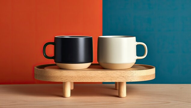 Two ceramic mugs, one black and one off-white, rest on a small, light-wooden tray with legs, set against a two-toned orange and teal background