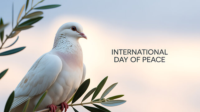 White dove perched on olive branch against soft sky, symbolizing International Day of Peace - Powered by Adobe