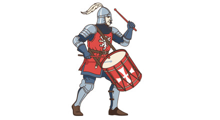 Naklejka premium Medieval Knight Drummer in Armor Playing a Red and White Drum.