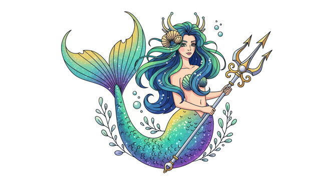 Colorful Mermaid Queen with Trident and Horned Crown.