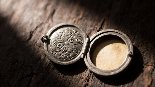 Vintage locket open on rustic wood, symbolizing memory and sentimentality