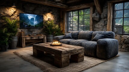 A realistic high-definition photo of a game lounge with console setup and comfy seating.
