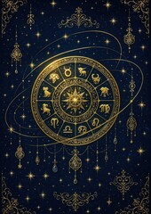 Obraz premium Astrological symbols on ornate wheel.