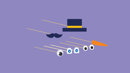 Vector illustration of a hat with mustache and hat, eyes and carrots.