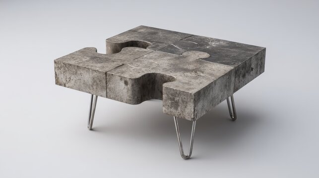 Concrete puzzle coffee table with metal hairpin legs, presenting a creative minimalist furniture design and problem solving concept on a clean studio background