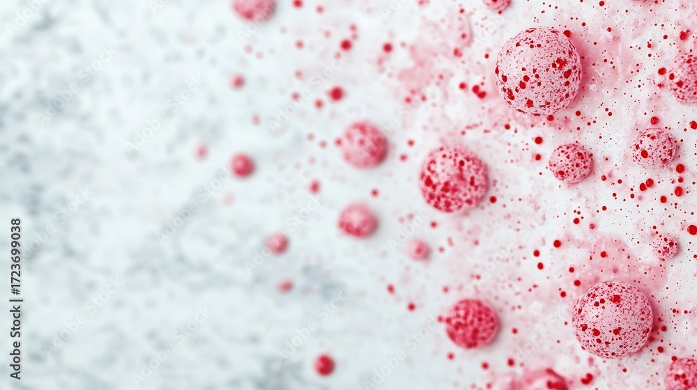 Poster a vibrant abstract image featuring red bubbles on a textured white background, creating a dynamic vi