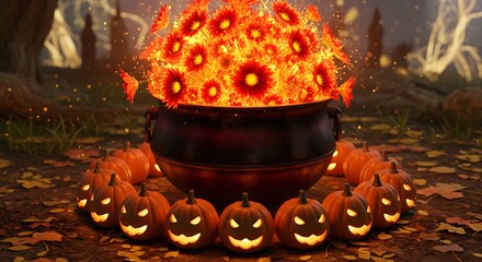 Magical Halloween cauldron surrounded by glowing pumpkins and fiery flowers creating an enchanted atmosphere for a spooky celebration