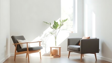 Minimalist interior corner with contemporary furniture and a decorative plant, embodying Scandinavian simplicity and light.