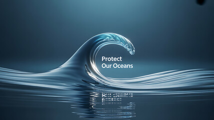 A stylized ocean wave with the text 'Protect Our Oceans' reflected in water, emphasizing marine conservation.