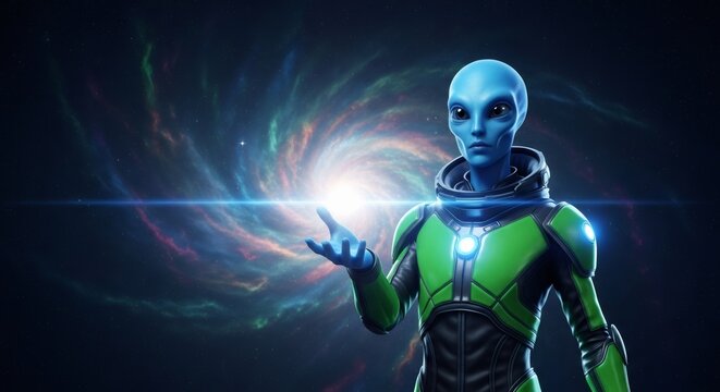 A blue alien in a futuristic spacesuit holding a glowing light in space. Extraterrestrial being against a cosmic galaxy background. Science fiction concept with copy space.