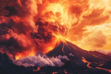 Cataclysmic Volcano: Massive Eruption with Fiery Ash Cloud and Lava Rivers