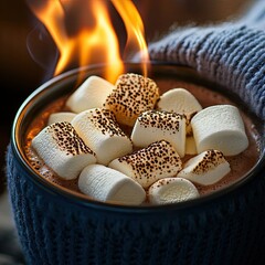 Cozy hot chocolate with toasted marshmallows and flames