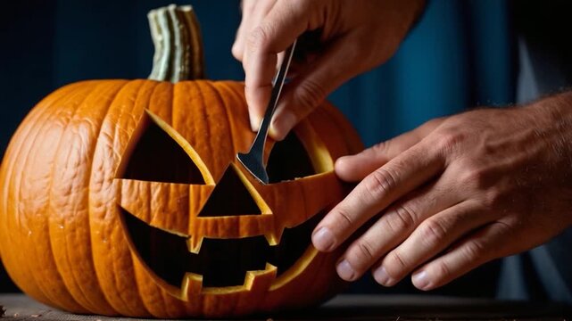 Person carving a pumpkin with a knife, close up