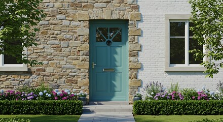 A detail of a front door on home with stone and white bricking siding, beautiful landscaping, and a colorful blue - green front door.