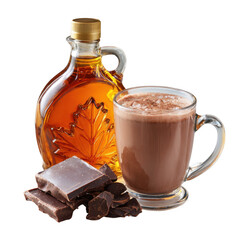 Hot cocoa latte maple syrup bottle chocolate pieces glass mug sweet beverage warm drink dessert comfort brown color isolated [Transparent Background PNG]