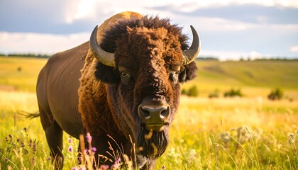 Bison in golden meadow