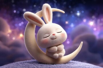 夜の三日月で眠そうなぬいぐるみのウサギ