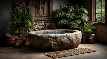 A realistic high-definition photo of a serene bathroom with freestanding tub and plants.