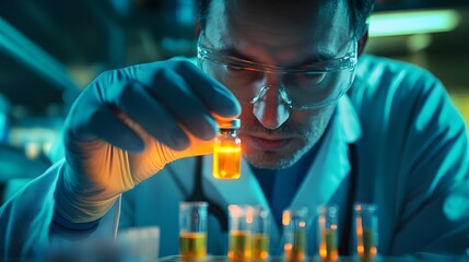 Dedicated Chemist: Man in Lab Coat Examining Glowing Amber Liquid in Vial