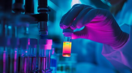 Fluorescent Lab Vial: Hand Holding Glowing Liquid Sample Under UV Light