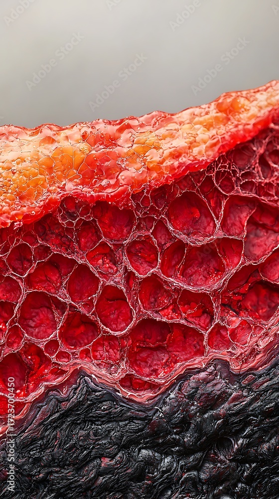 Poster a close-up view revealing a vibrant, textured surface with intricate patterns, showcasing a mix of r
