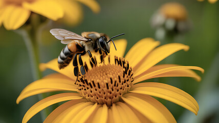 Honeybee collecting pollen from a yellow flower in a natural setting