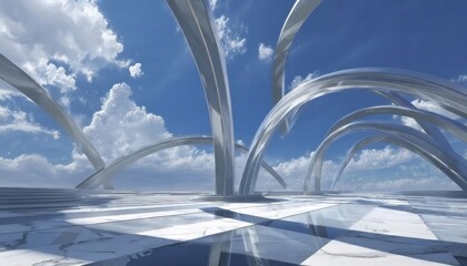 抽象的な白い幾何学的構造と明るい青空