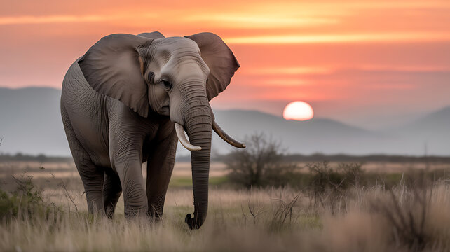 African elephant walking in savanna at sunset with vibrant orange sky and distant mountains - Powered by Adobe