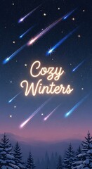 Enchanting winter night scene with shooting stars illuminating the sky above snowcovered pine trees, creating a cozy and magical atmosphere for the holidays
