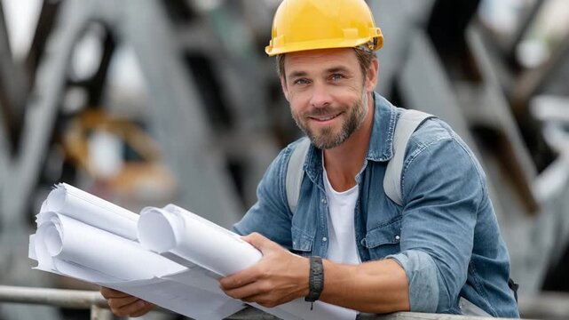 Construction Architect: A focused construction architect, donning a yellow hard hat, studies building plans amidst the structural framework. Capturing the essence of meticulous planning.