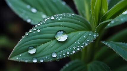 Water droplets on a green leaf in close-up, reflecting light and showing natural texture