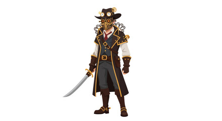 Steampunk Character with Sword Goggles and Ornate Costume.