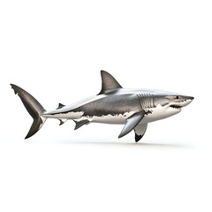 Realistic full-body side view portrait of a great white shark with streamlined body, sharp fins, and powerful tail, captured in high resolution with dynamic lighting, soft shadows, and clean sharp.