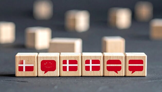 A collection of wooden cubes, some with flags of Denmark and other speech bubble designs, arranged on a dark gray surface
