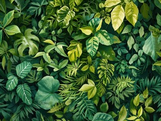 Lush background of various green tropical leaves. Natural jungle foliage pattern. Botanical flat lay texture.