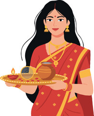an Indian woman holding a puja thali (prayer plate)