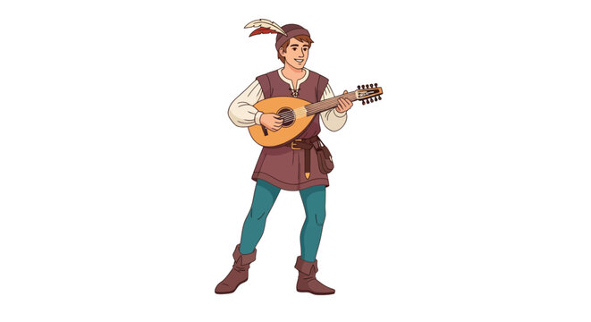 A medieval minstrel or bard in historical costume playing a lute.