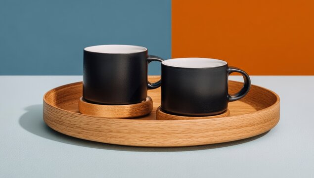 Two matte black mugs with wooden coasters rest on a light-colored wooden tray against a teal and burnt orange backdrop