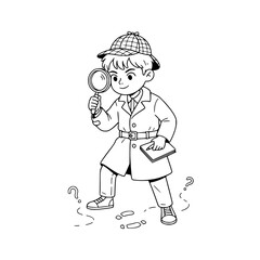 Detective boy magnifying glass outline drawing