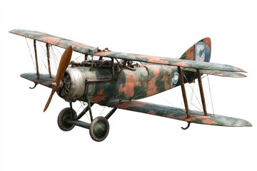 Vintage biplane, weathered and aged, angled right