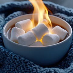 Cozy hot cocoa with marshmallows and flames