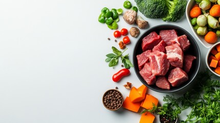 Fresh raw dog food with meat chunks and vegetables on minimalist background with copy space