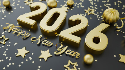 Elegant New Year 2026 background with golden numbers, stars, confetti on dark backdrop. Perfect for holiday greetings, posters, and seasonal advertising. 3d rendering illustration not AI