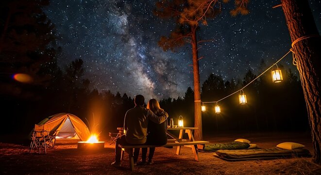 Couple watches the Milky Way from their campsite with a tent, campfire, and hanging lanterns.