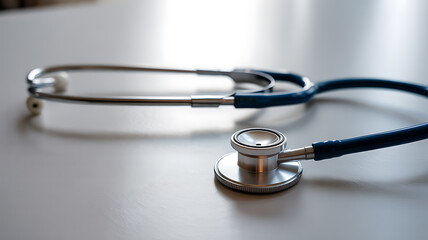 A close-up of a blue and silver stethoscope resting on a smooth, reflective surface.