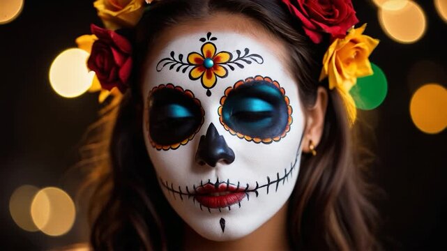 A woman wearing elaborate sugar skull makeup and flowers in her hair, great for Dia de los Muertos or Halloween-themed images